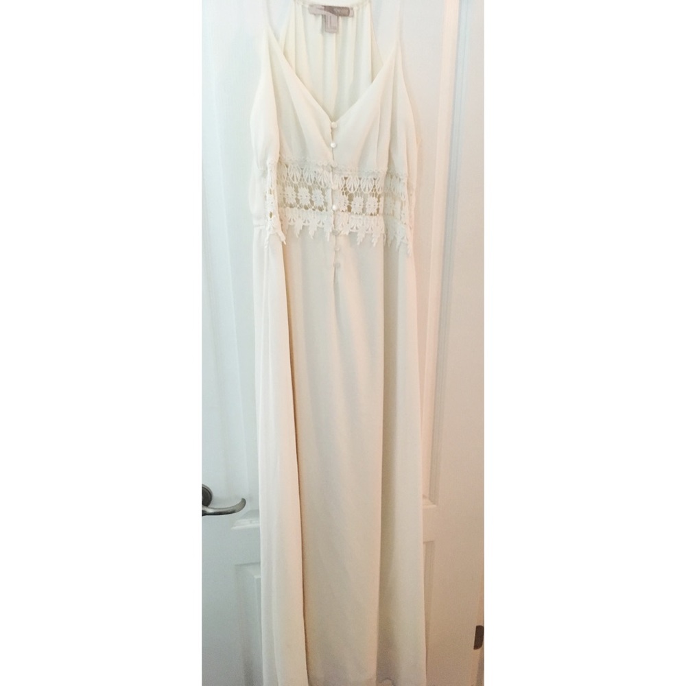 Long formal white dress with knit midsection